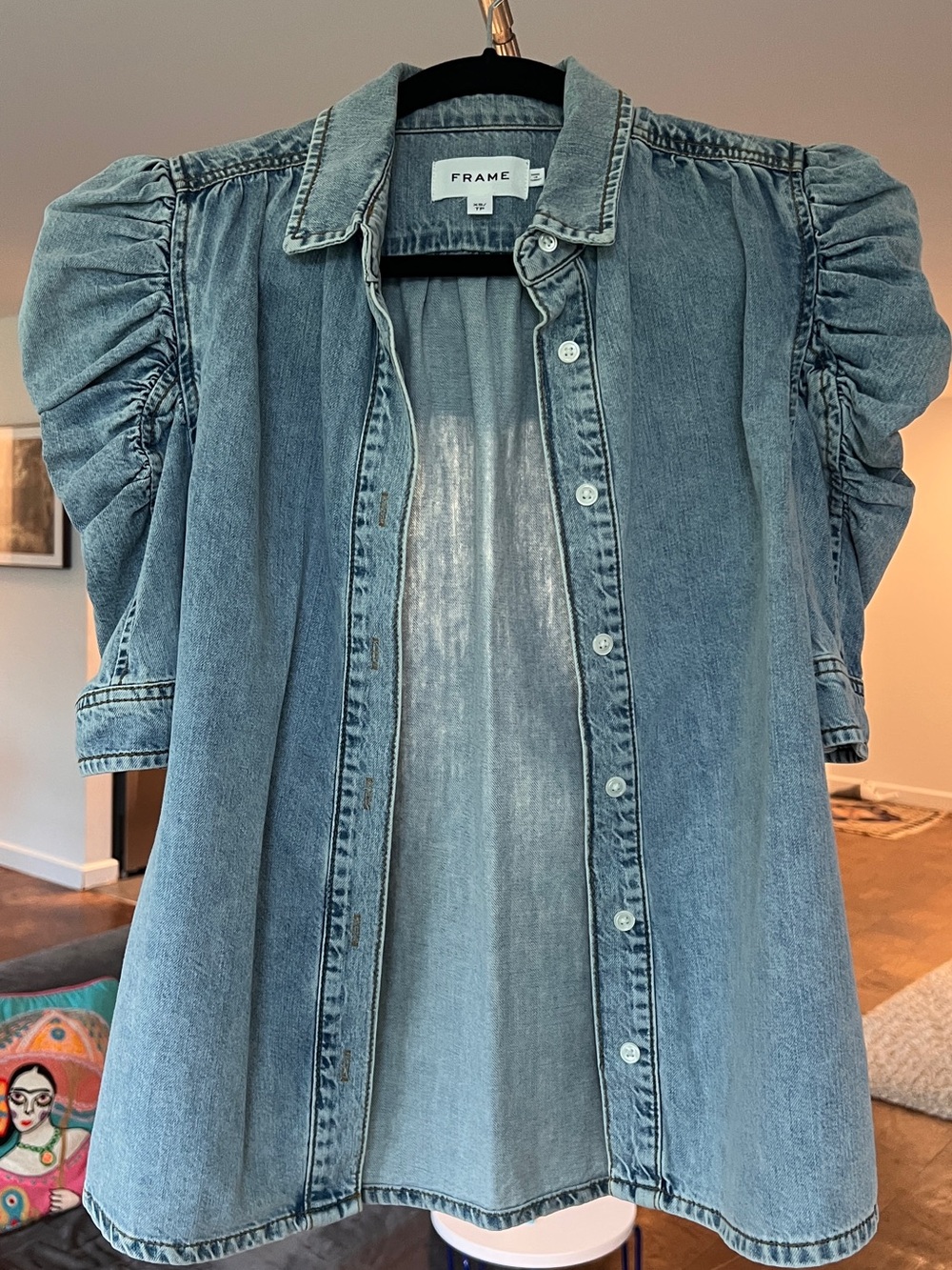 Frame Denim Light Blue Puff Sleeve Denim Top